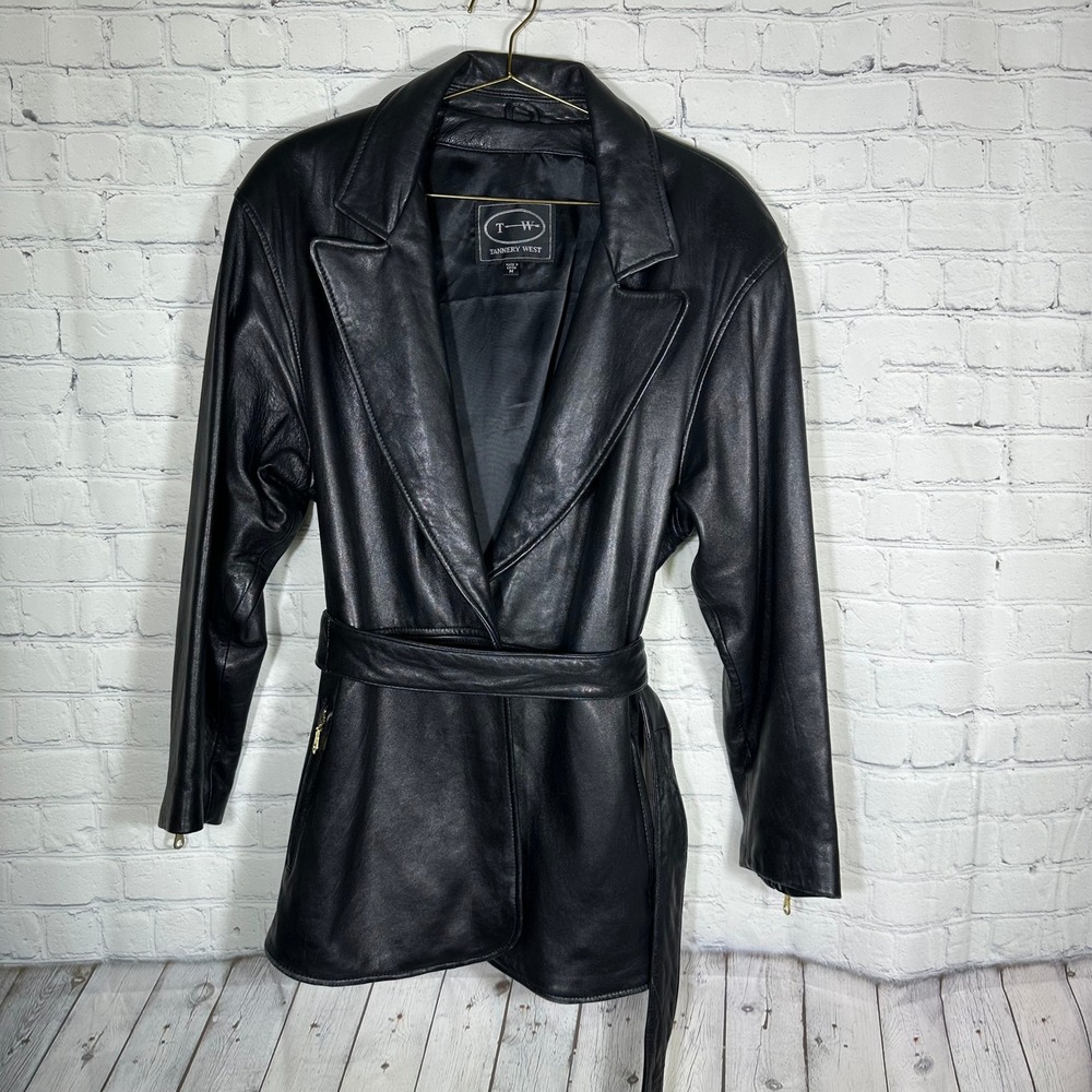 Tannery West Vintage Black Leather Belted Wrap Jacket Gold Zip Pockets Womens M